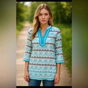 Crown & Ivy Beach Elephant Print Tunic Top Blue White Cotton Boho S India